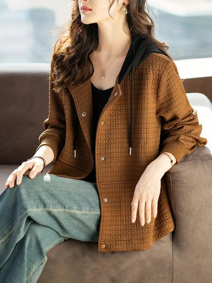 Women's Hooded Jacket with Textured Grid Pattern
