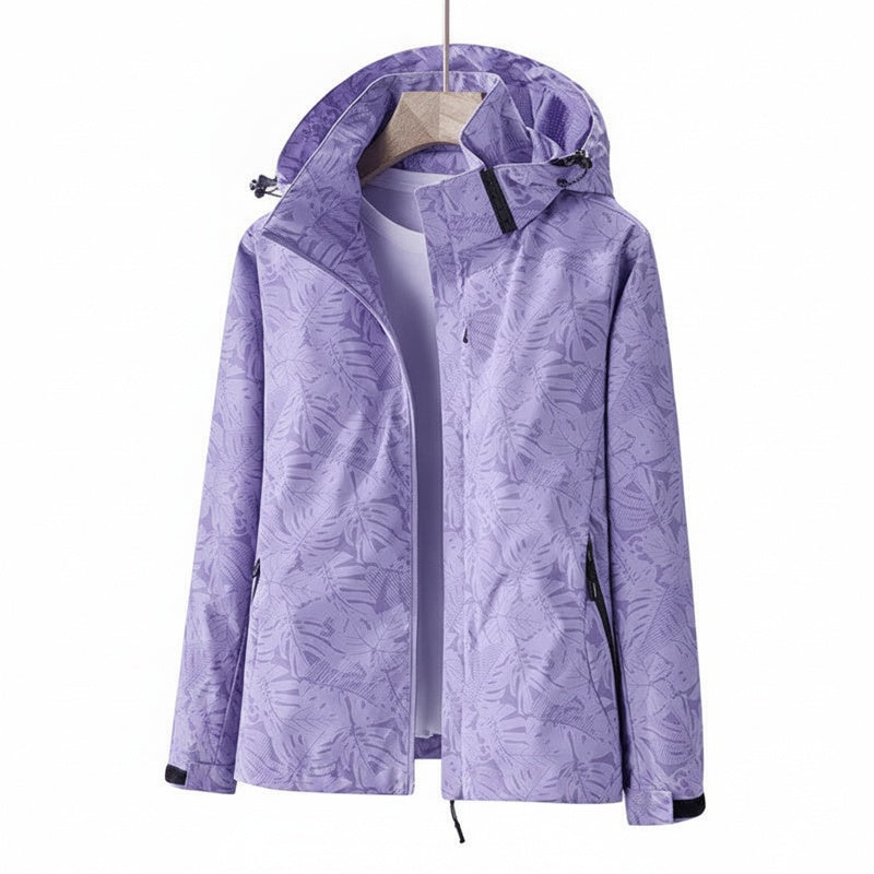 Women's Hooded Outdoor Jacket with Leaf Print and Zip Closure
