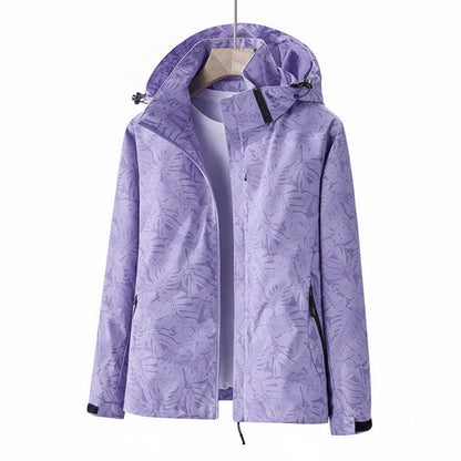 Women's Hooded Outdoor Jacket with Leaf Print and Zip Closure