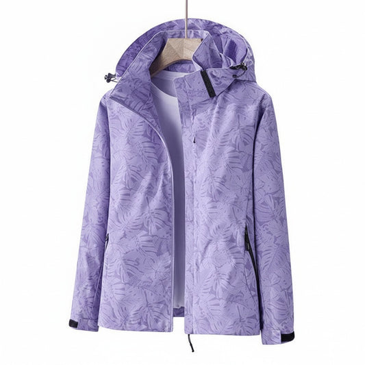 Women's Hooded Outdoor Jacket with Leaf Print and Zip Closure