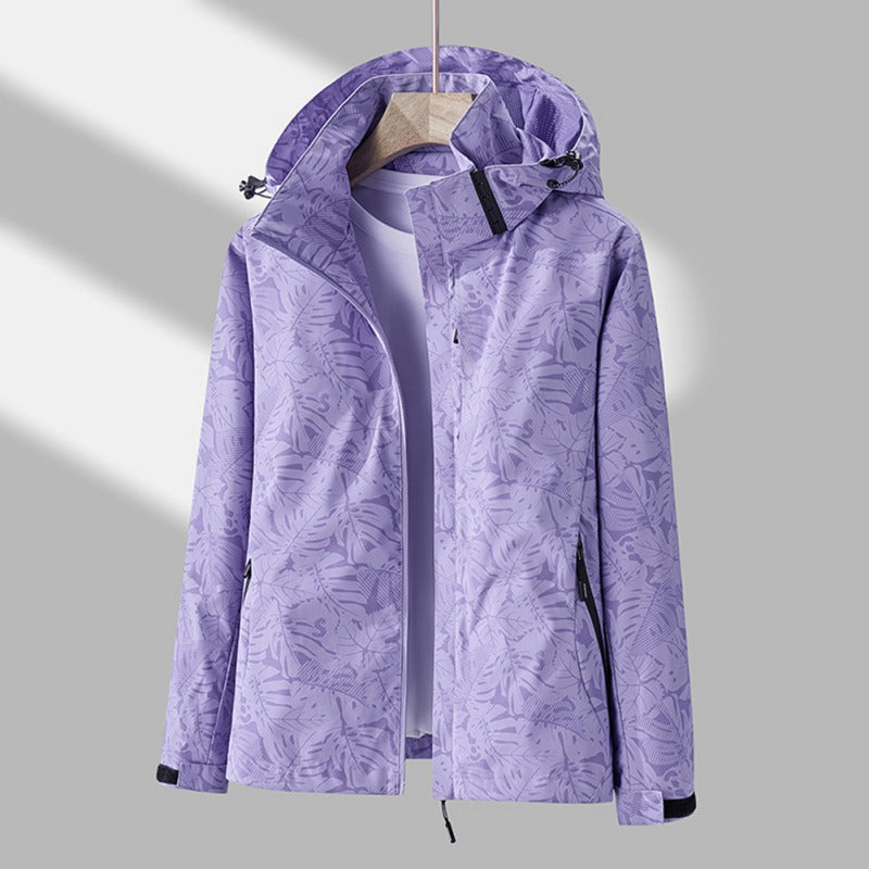 Women's Hooded Outdoor Jacket with Leaf Print and Zip Closure