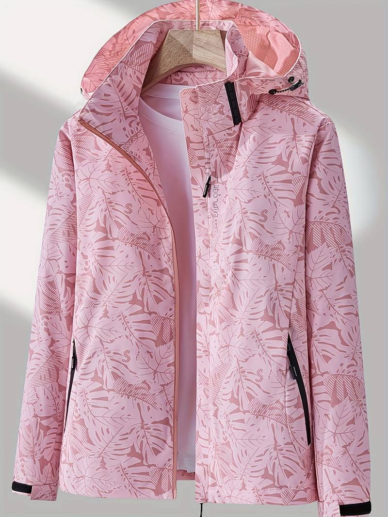Women's Hooded Outdoor Jacket with Leaf Print and Zip Closure