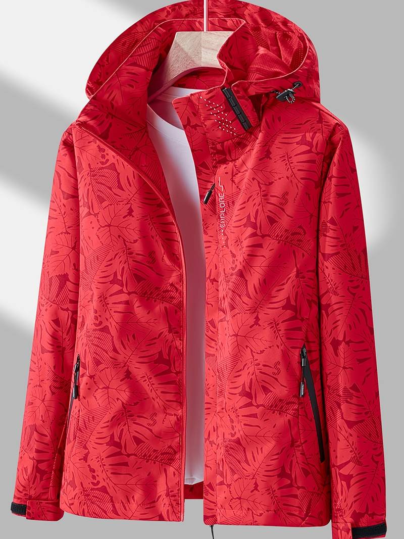 Women's Hooded Outdoor Jacket with Leaf Print and Zip Closure
