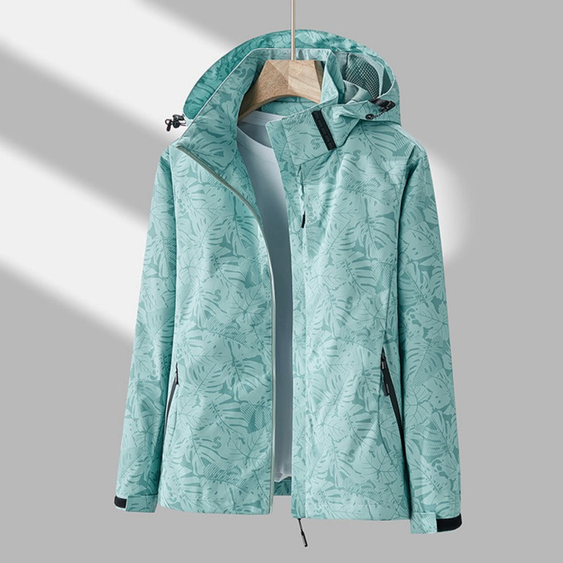 Women's Hooded Outdoor Jacket with Leaf Print and Zip Closure