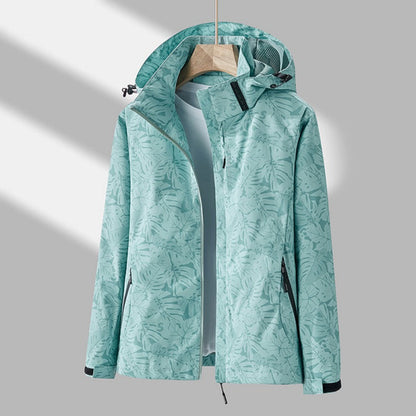 Women's Hooded Outdoor Jacket with Leaf Print and Zip Closure