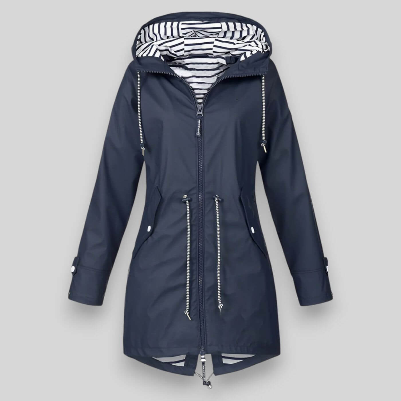 Women's Hooded Raincoat with Zip Closure and Striped Lining