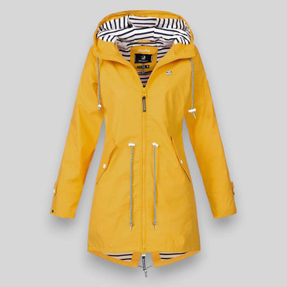 Women's Hooded Raincoat with Zip Closure and Striped Lining