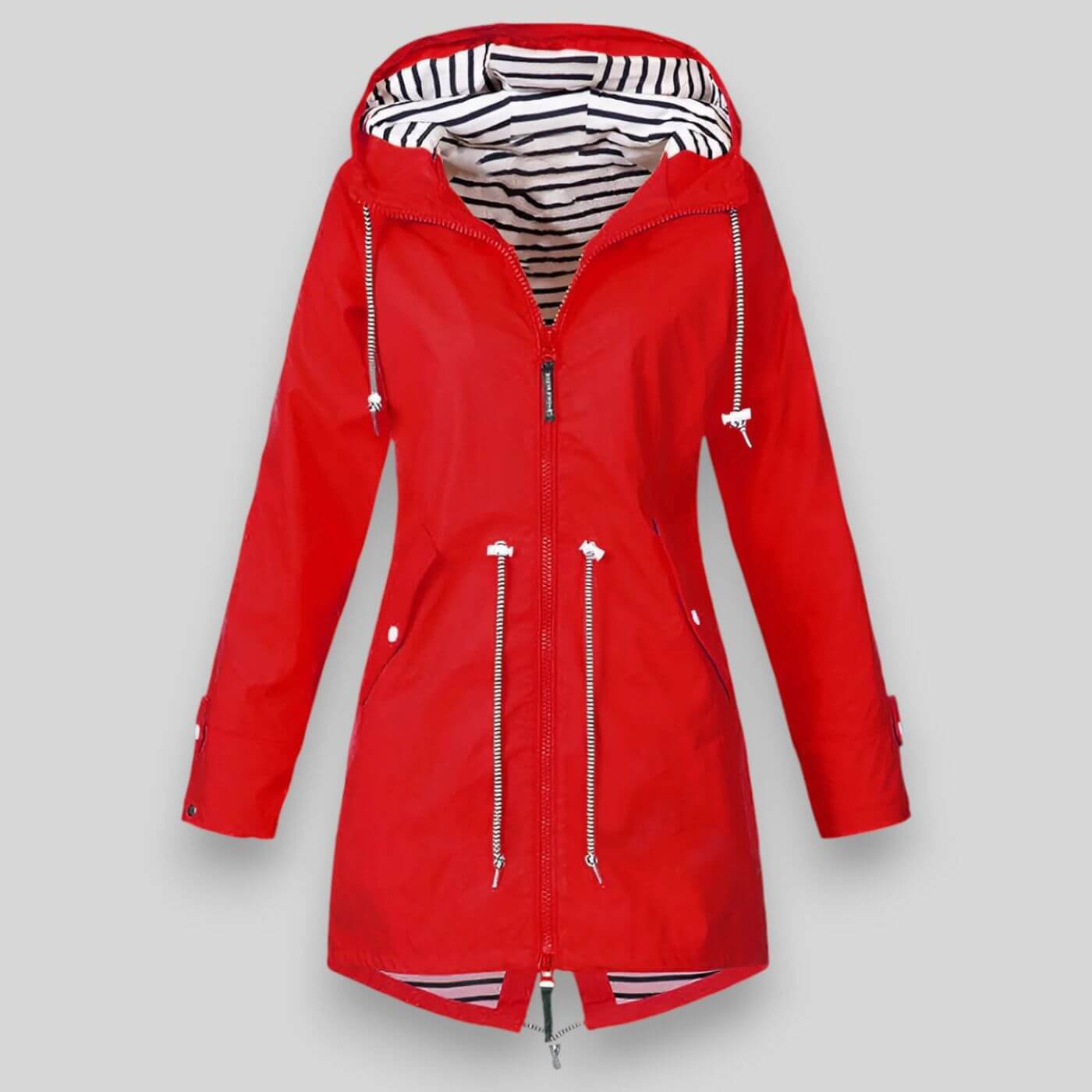Women's Hooded Raincoat with Zip Closure and Striped Lining