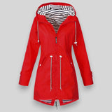 Women's Hooded Raincoat with Zip Closure and Striped Lining