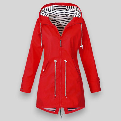 Women's Hooded Raincoat with Zip Closure and Striped Lining