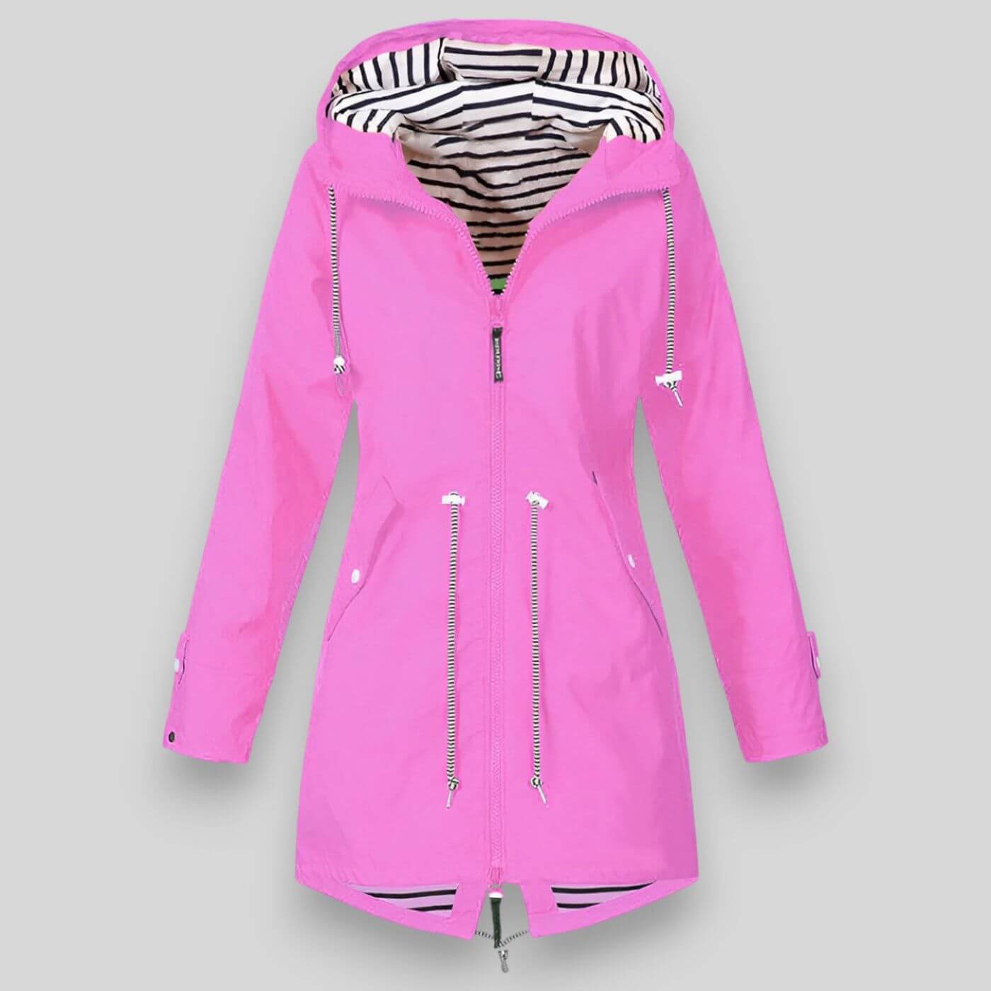 Women's Hooded Raincoat with Zip Closure and Striped Lining