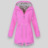 Women's Hooded Raincoat with Zip Closure and Striped Lining