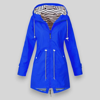 Women's Hooded Raincoat with Zip Closure and Striped Lining