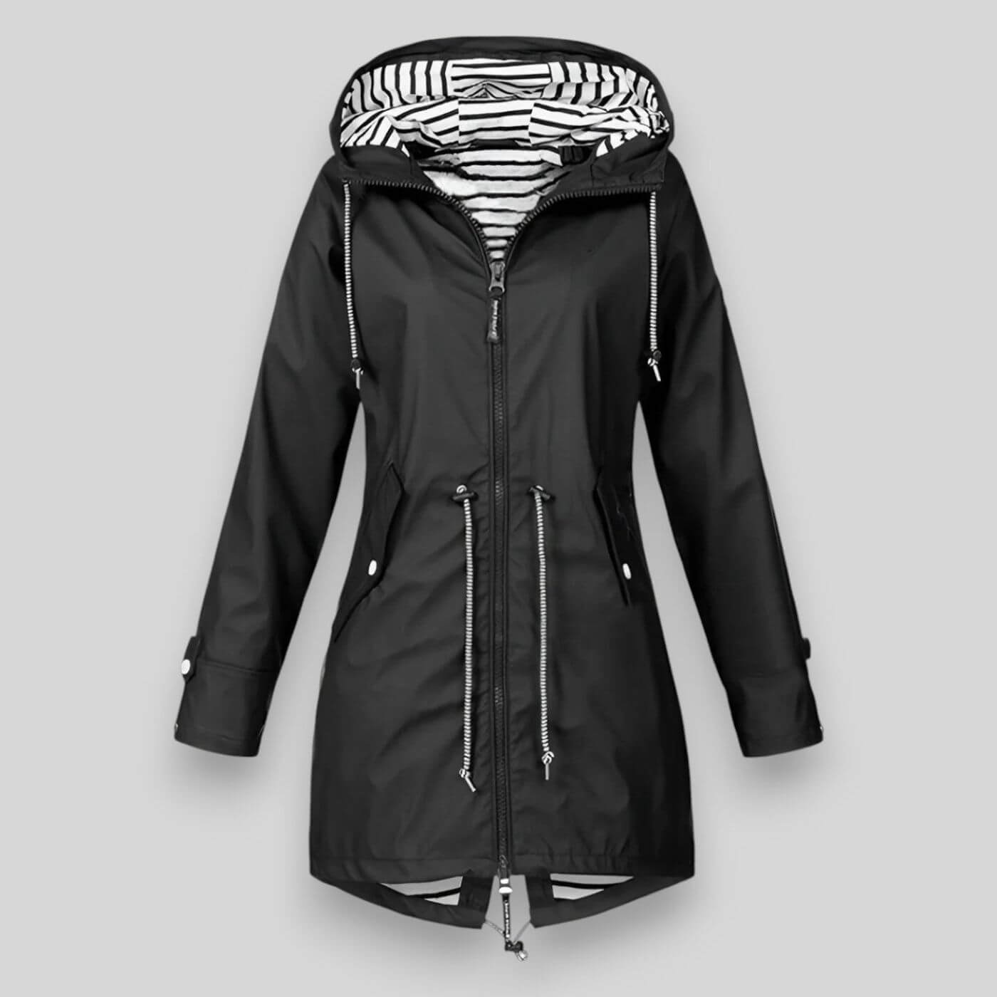 Women's Hooded Raincoat with Zip Closure and Striped Lining