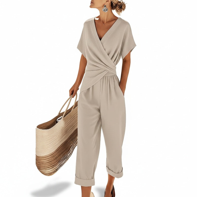 Women's Jumpsuit Short Sleeve with V-Neck Wrap Front and Cropped Leg