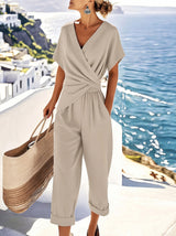 Women's Jumpsuit Short Sleeve with V-Neck Wrap Front and Cropped Leg
