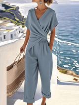 Women's Jumpsuit Short Sleeve with V-Neck Wrap Front and Cropped Leg