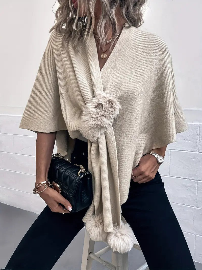 Women's Knit Cape Cardigan with Faux Fur Accents