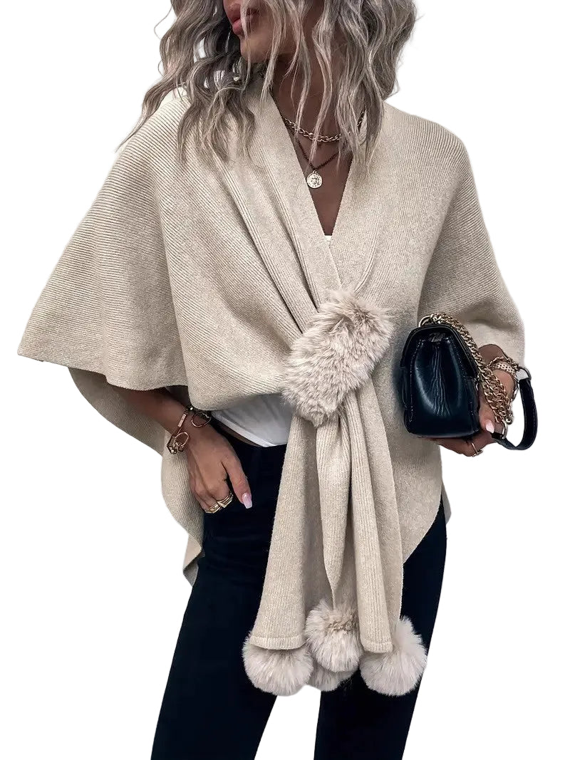 Women's Knit Cape Cardigan with Faux Fur Accents