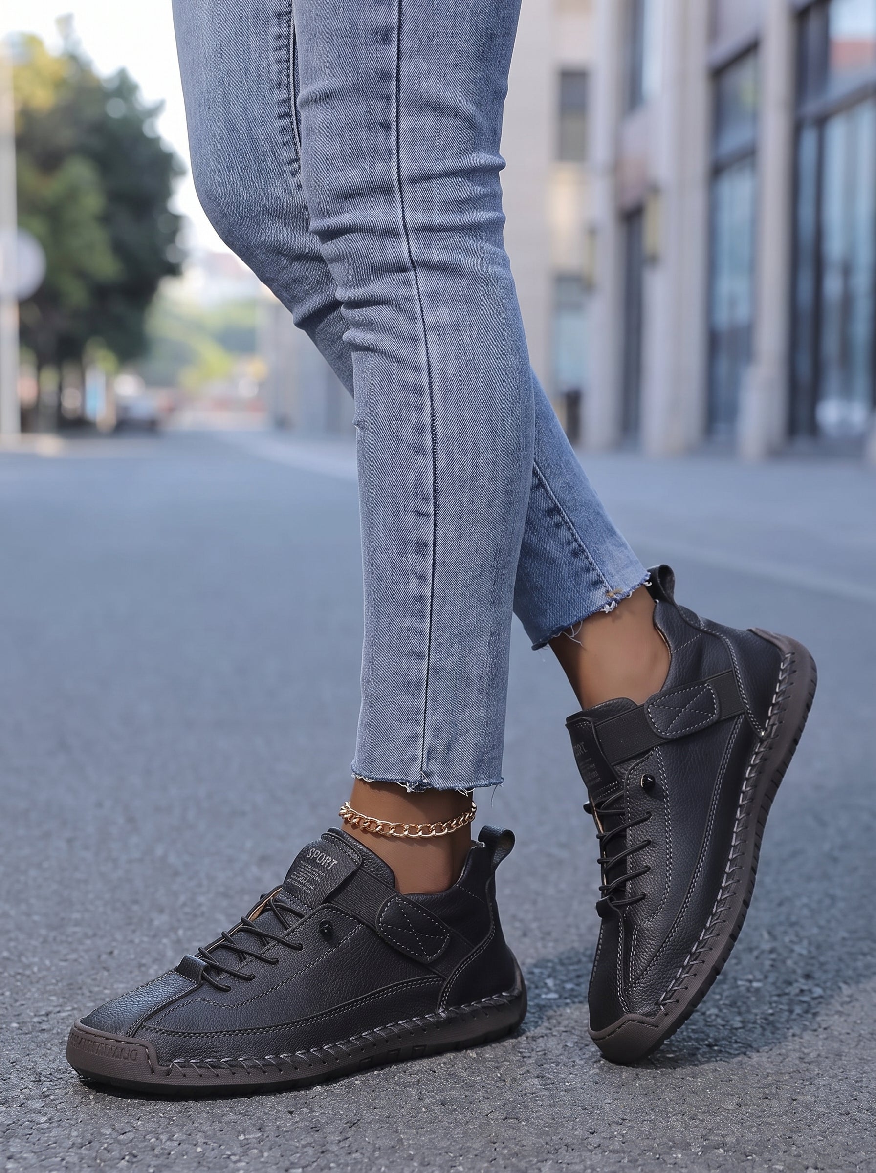 Women's Lace-Up Sneakers with Ankle Strap and Stitched Sole
