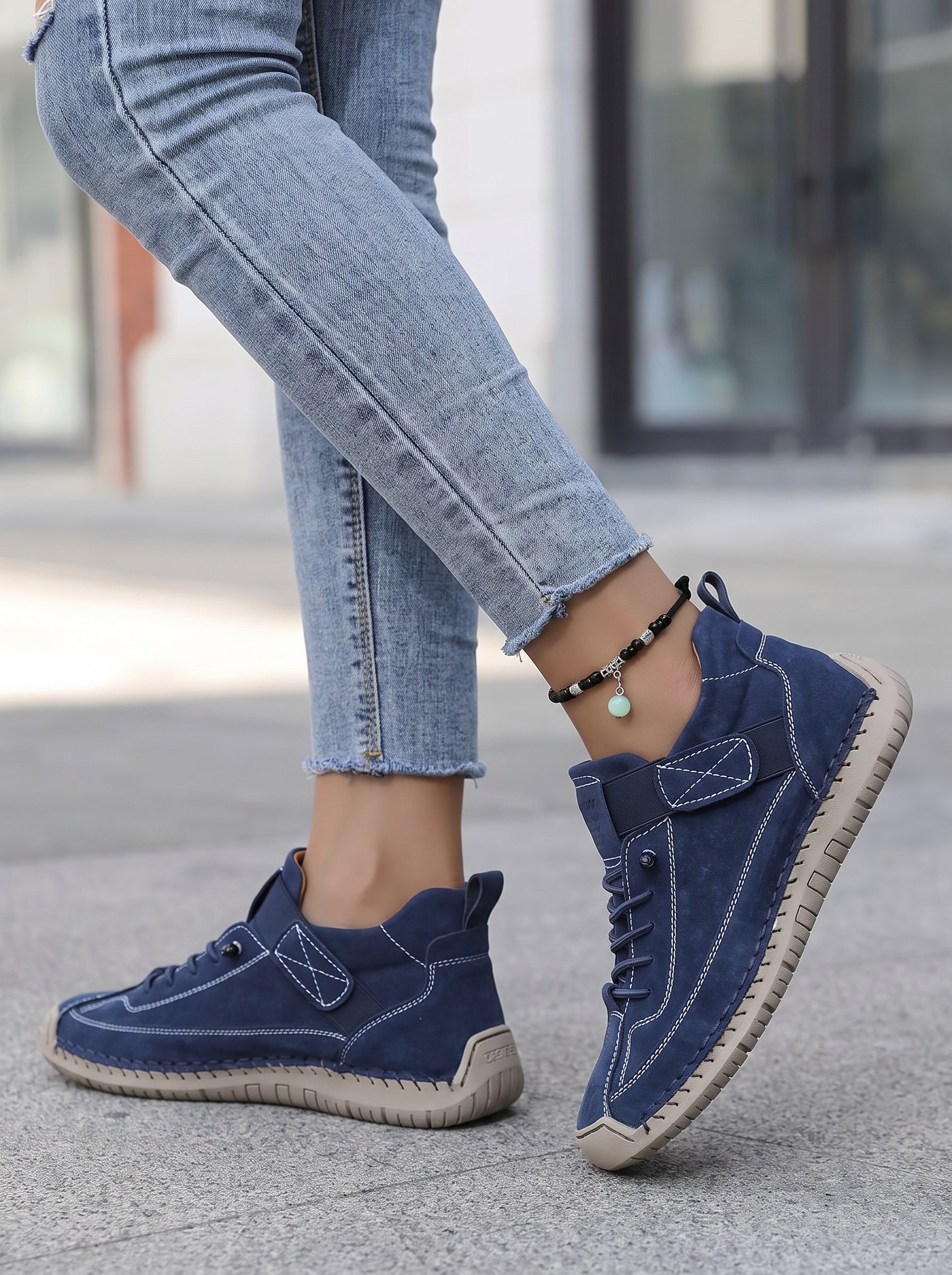 Women's Lace-Up Sneakers with Ankle Strap and Stitched Sole