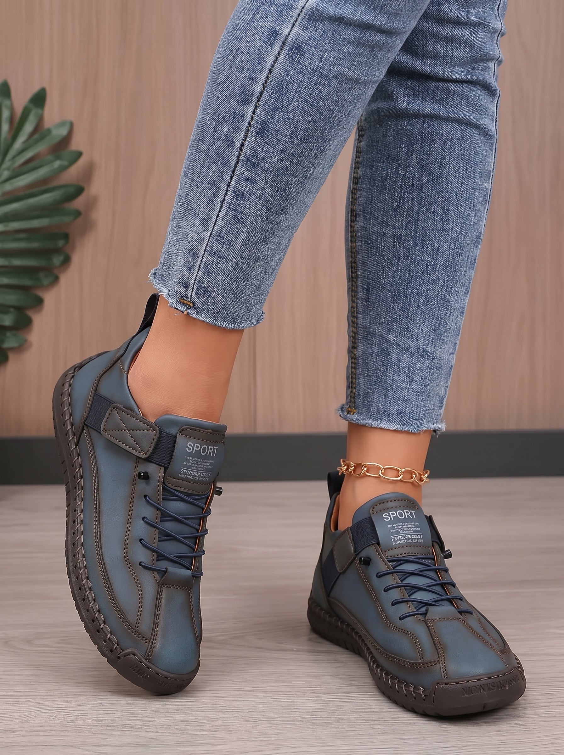 Women's Lace-Up Sneakers with Ankle Strap and Stitched Sole