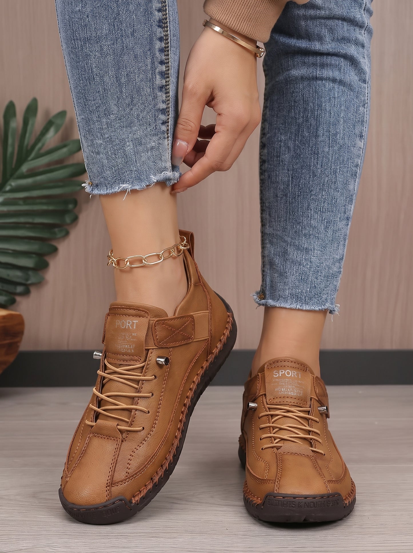 Women's Lace-Up Sneakers with Ankle Strap and Stitched Sole