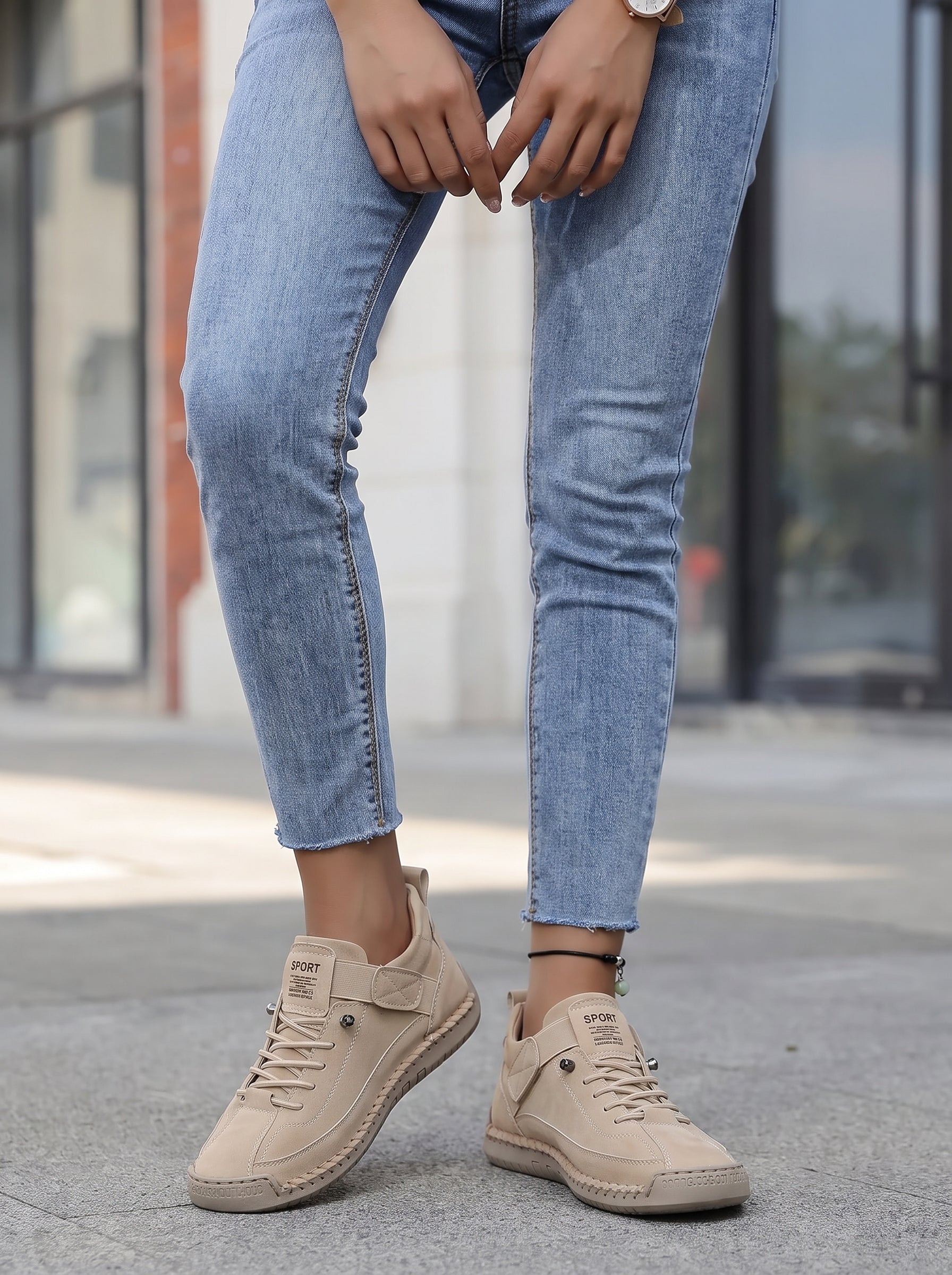 Women's Lace-Up Sneakers with Ankle Strap and Stitched Sole