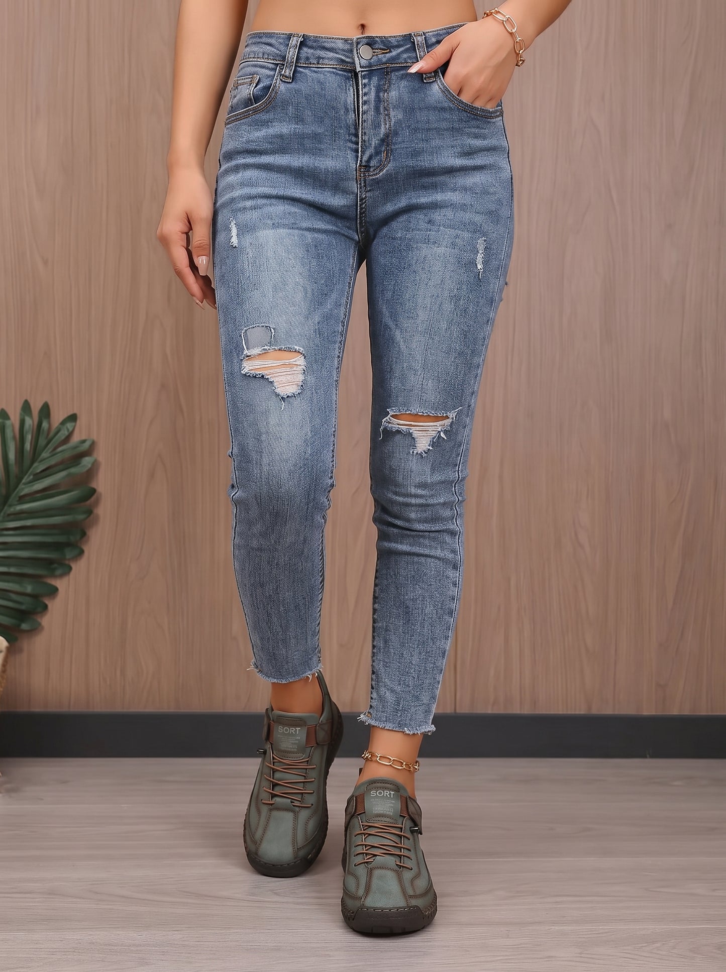 Women's Lace-Up Sneakers with Ankle Strap and Stitched Sole