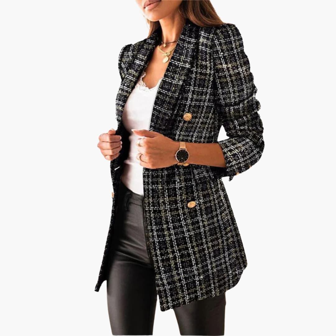 Women's Long Blazer with Double-Breasted Buttons and Notched Lapel