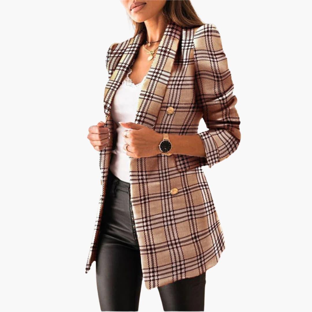 Women's Long Blazer with Double-Breasted Buttons and Notched Lapel
