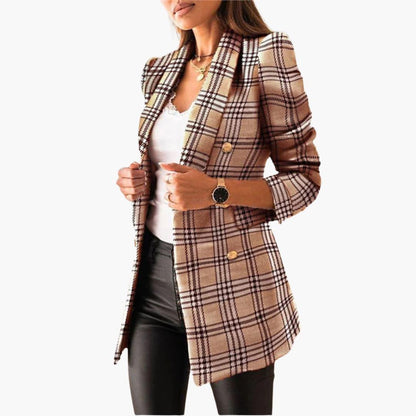 Women's Long Blazer with Double-Breasted Buttons and Notched Lapel