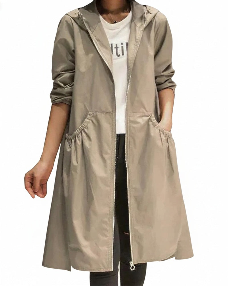 Women's Long Hooded Trench Coat with Zip Closure and A-line Silhouette