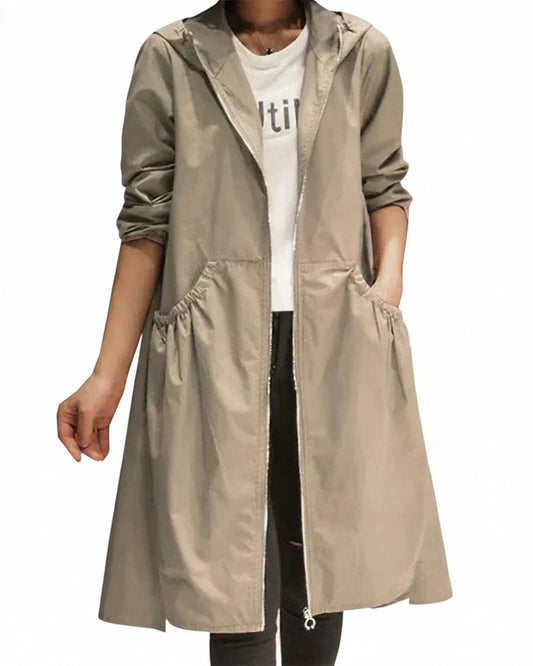 Women's Long Hooded Trench Coat with Zip Closure and A-line Silhouette