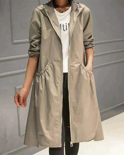 Women's Long Hooded Trench Coat with Zip Closure and A-line Silhouette