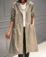 Women's Long Hooded Trench Coat with Zip Closure and A-line Silhouette