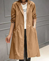 Women's Long Hooded Trench Coat with Zip Closure and A-line Silhouette