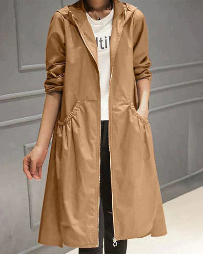 Women's Long Hooded Trench Coat with Zip Closure and A-line Silhouette