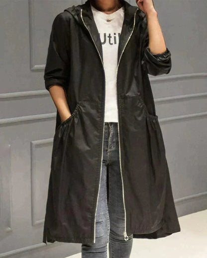 Women's Long Hooded Trench Coat with Zip Closure and A-line Silhouette