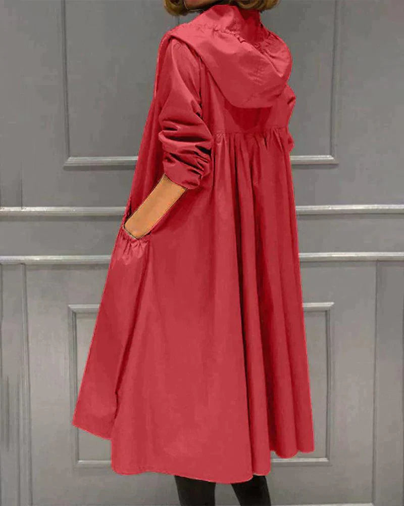 Women's Long Hooded Trench Coat with Zip Closure and A-line Silhouette