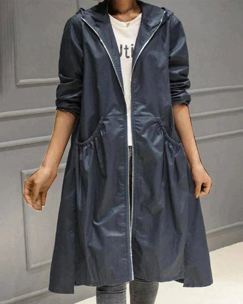 Women's Long Hooded Trench Coat with Zip Closure and A-line Silhouette