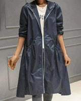 Women's Long Hooded Trench Coat with Zip Closure and A-line Silhouette