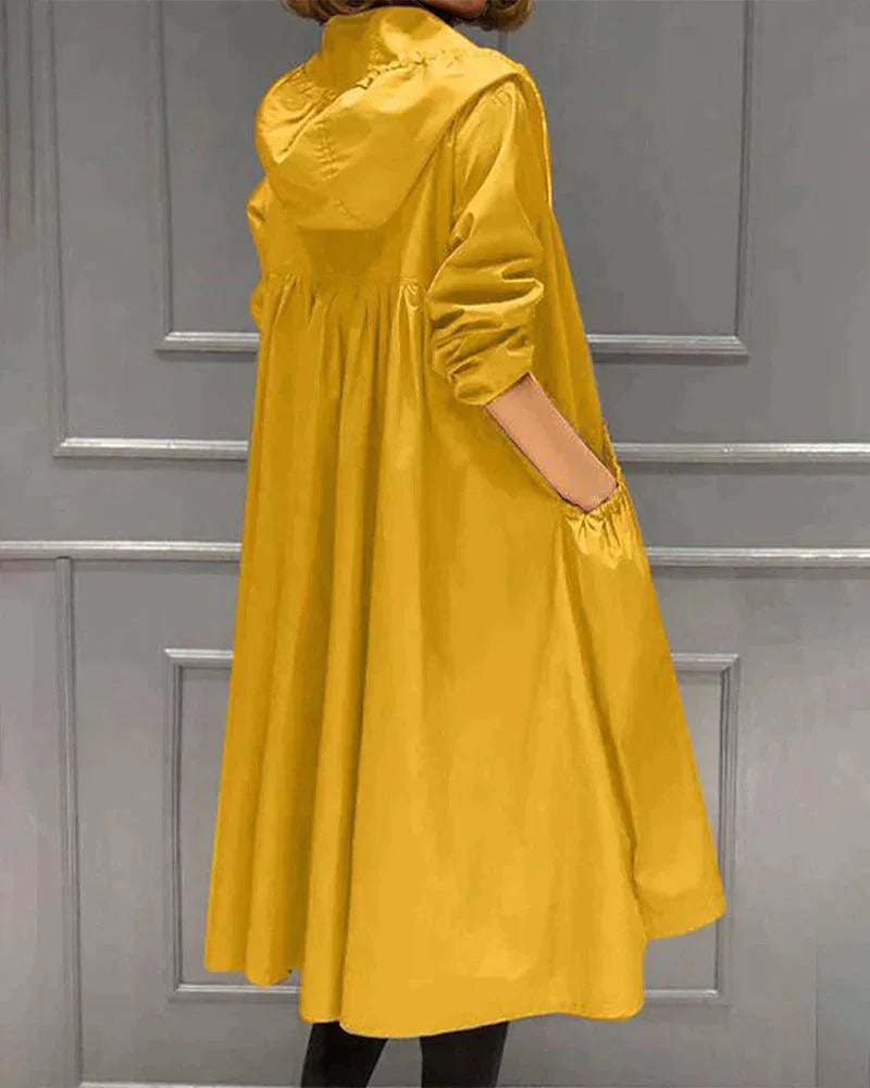 Women's Long Hooded Trench Coat with Zip Closure and A-line Silhouette