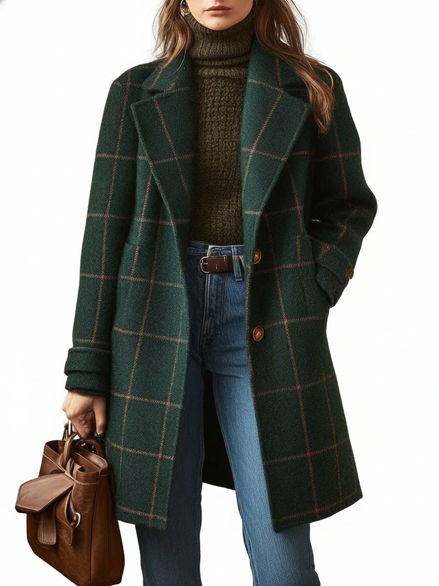 Women's Long Plaid Coat with Notch Lapel and Button Closure