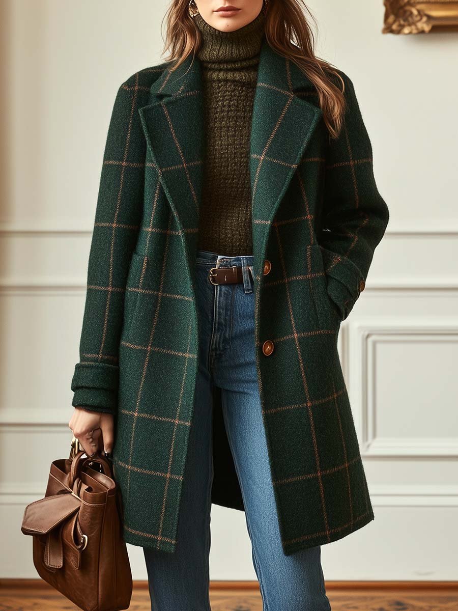 Women's Long Plaid Coat with Notch Lapel and Button Closure
