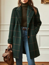 Women's Long Plaid Coat with Notch Lapel and Button Closure