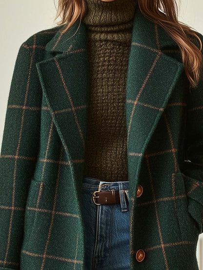Women's Long Plaid Coat with Notch Lapel and Button Closure