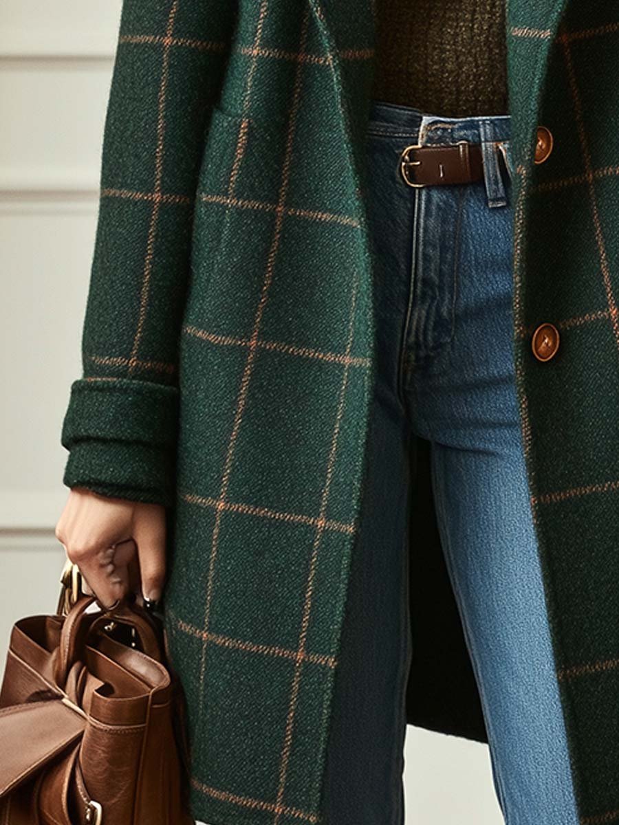 Women's Long Plaid Coat with Notch Lapel and Button Closure