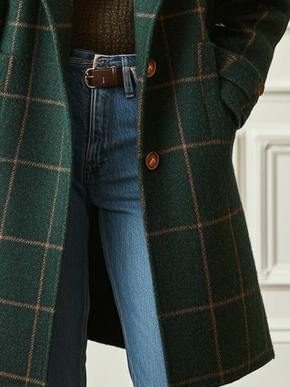 Women's Long Plaid Coat with Notch Lapel and Button Closure