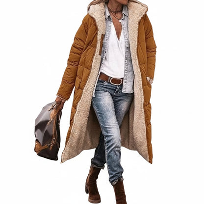 Women's Long Puffer Coat with Hood and Sherpa Lining
